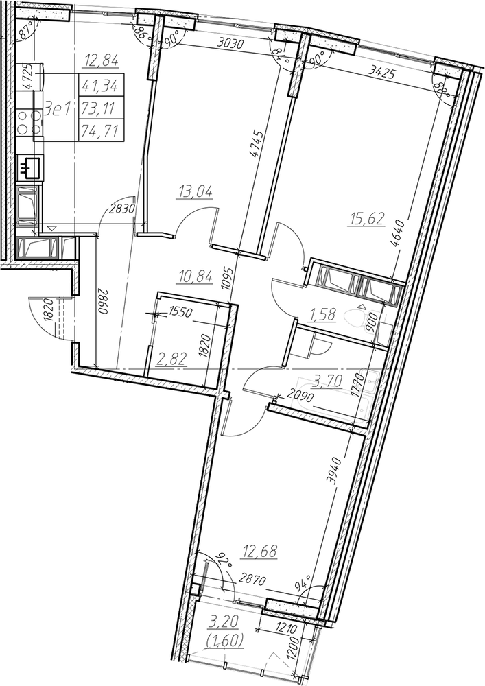 Планировка: 4Е-к.кв · 74,71 м²