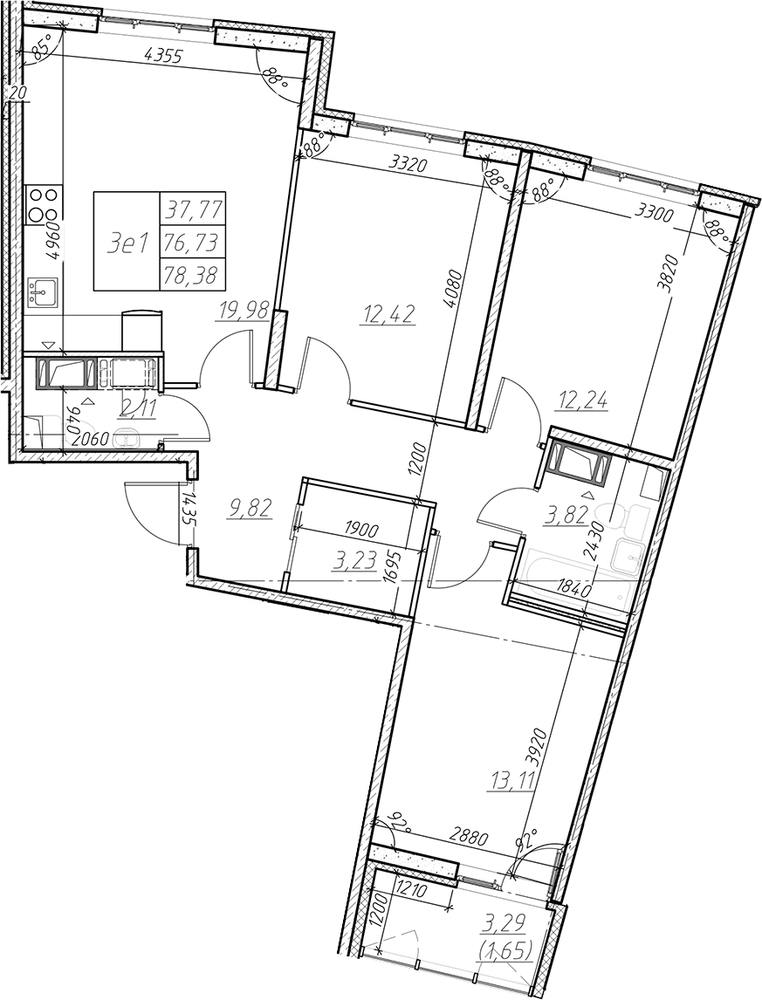 Планировка: 4Е-к.кв · 78,38 м²