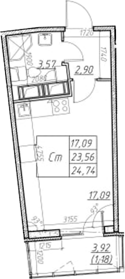 Планировка: Студия · 24,74 м²