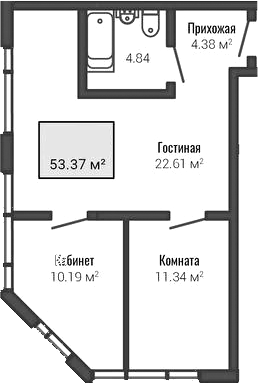 Планировка: 3 комнаты · 53,37 м²