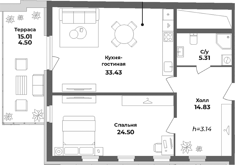 Планировка: 2Е-к.кв · 82,57 м²