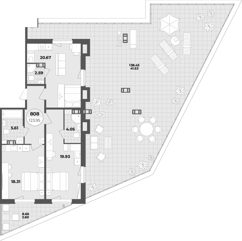 Планировка: 3Е-к.кв · 123,82 м²