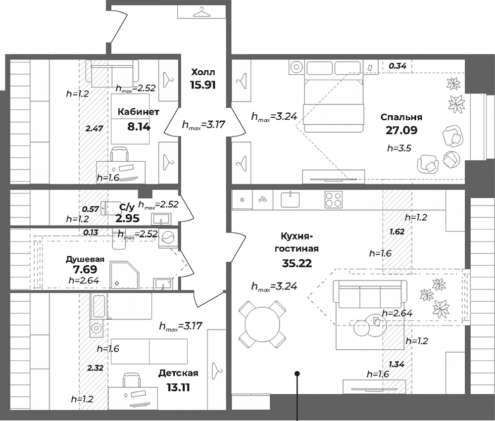 Планировка: 4Е-к.кв · 118,9 м²