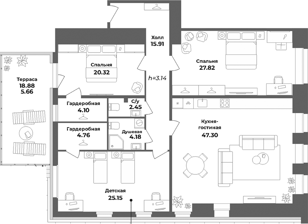 Планировка: 4Е-к.кв · 157,65 м²