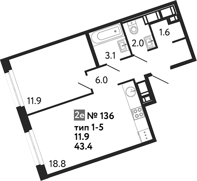 Планировка: 2Е-к.кв · 43,4 м²