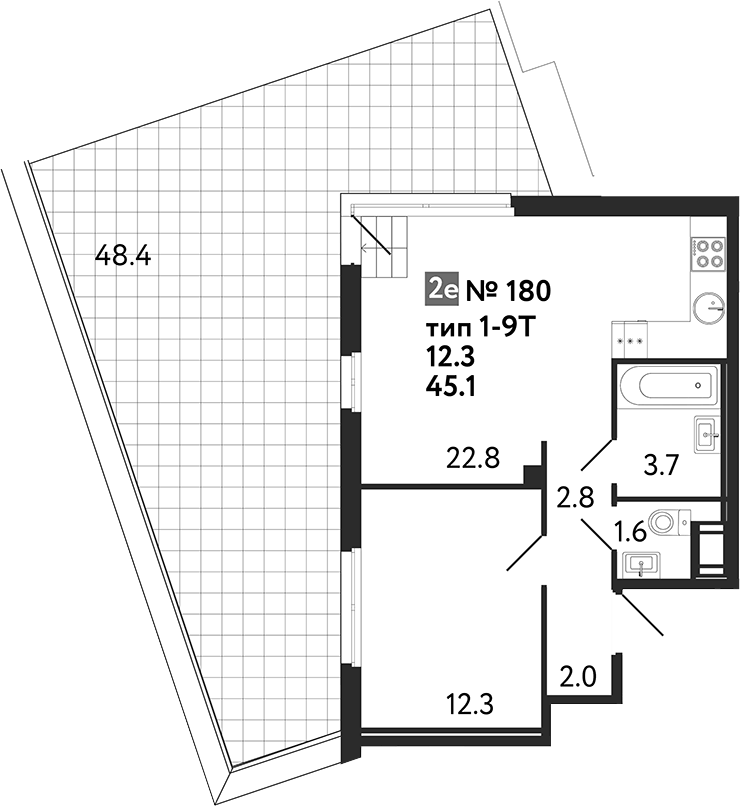 Планировка: 2Е-к.кв · 59,62 м²