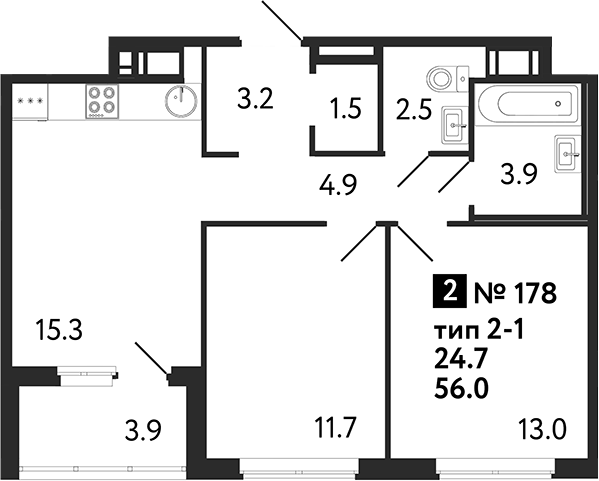 Планировка: 2 комнаты · 57,95 м²