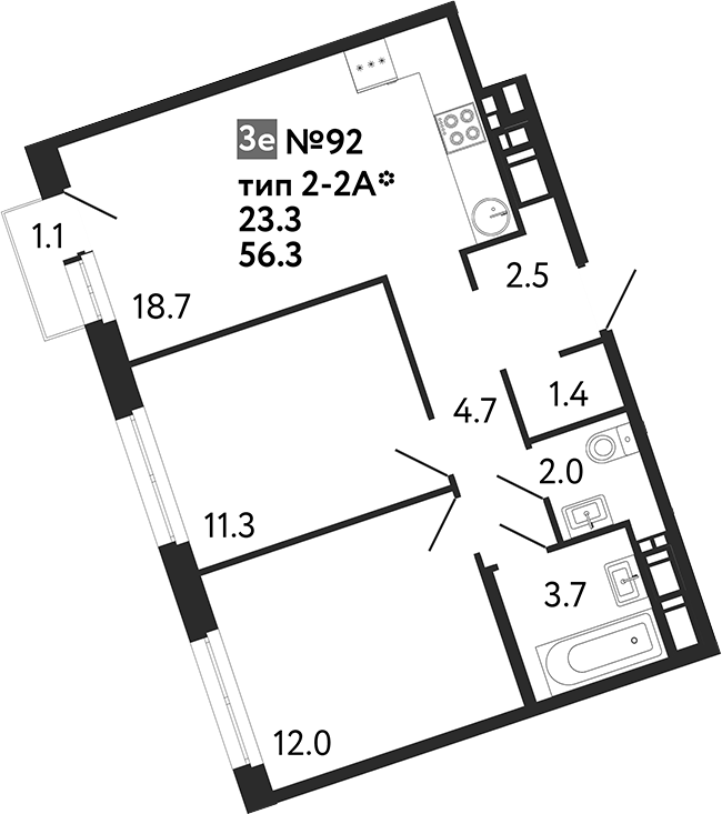 Планировка: 3Е-к.кв · 56,63 м²