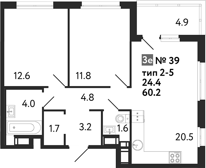 Планировка: 3Е-к.кв · 62,65 м²