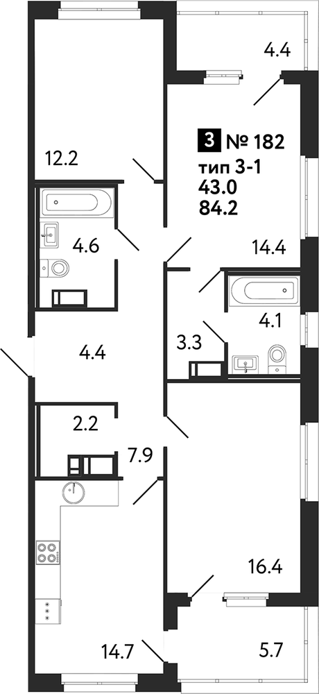 Планировка: 3 комнаты · 89,25 м²