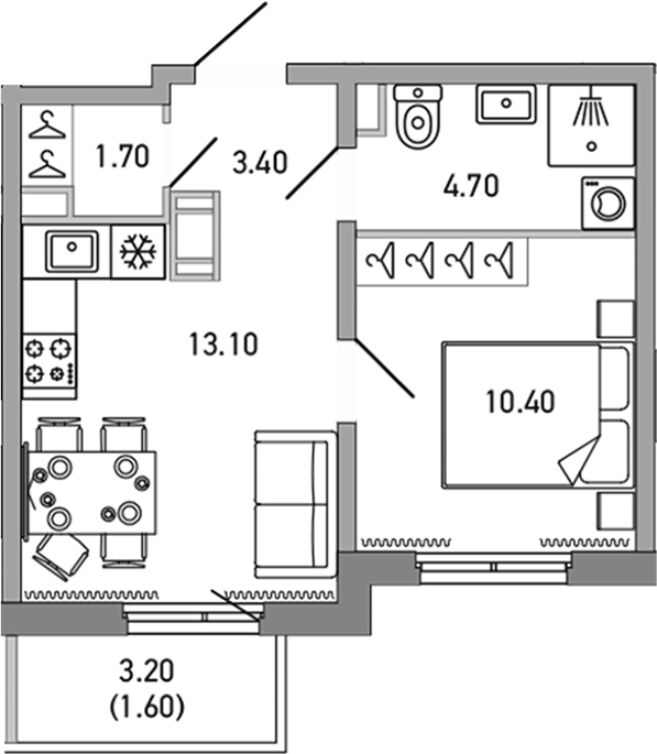 Планировка: 1 комната · 34,9 м²