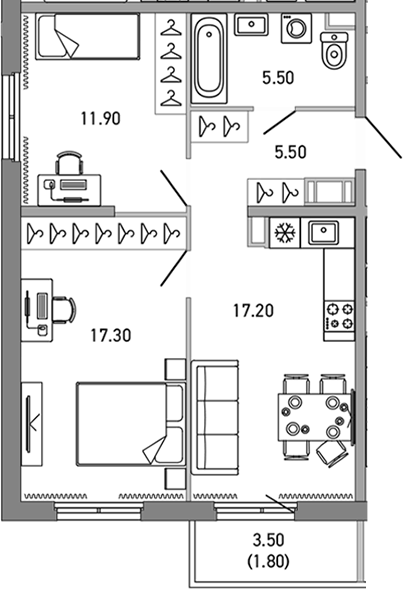 Планировка: 2 комнаты · 59,2 м²