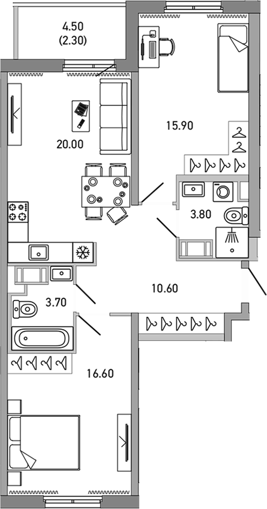 Планировка: 2 комнаты · 72,9 м²