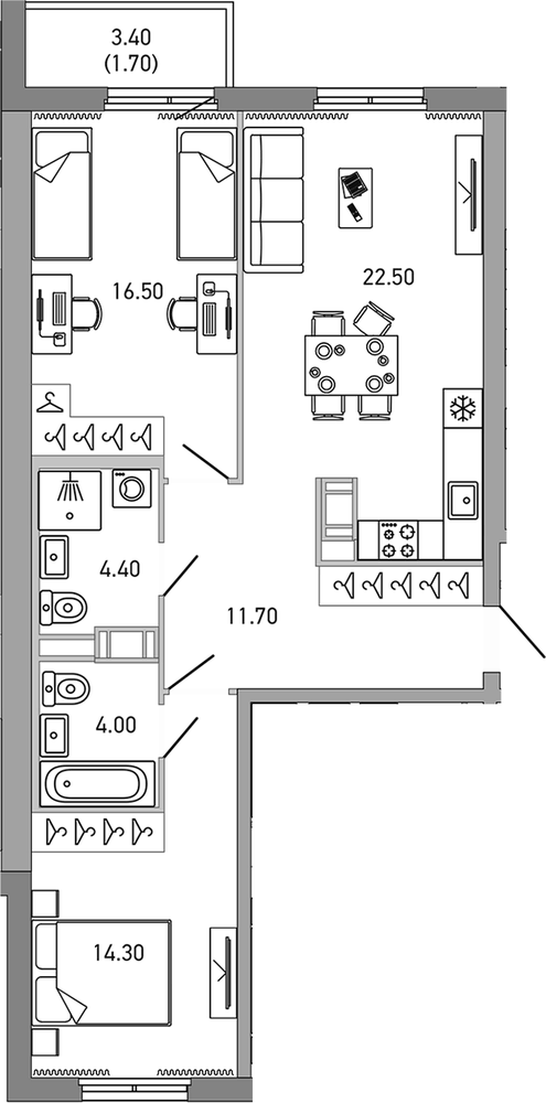Планировка: 3Е-к.кв · 75,1 м²