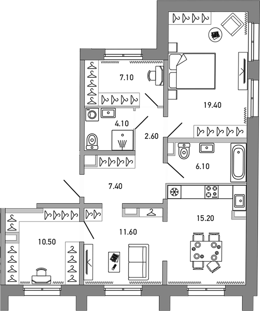 Планировка: 3Е-к.кв · 84 м²