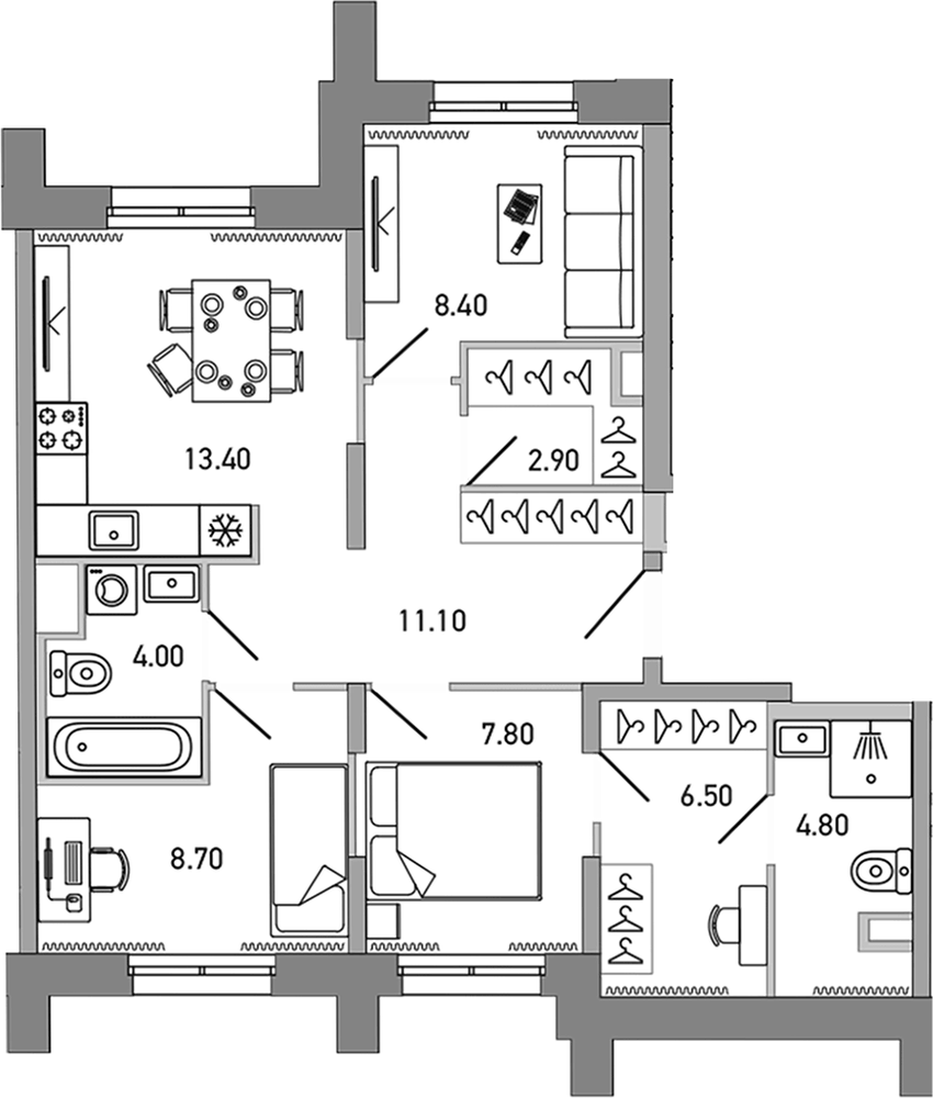 Планировка: 4Е-к.кв · 67,6 м²