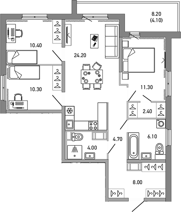 Планировка: 4Е-к.кв · 85,5 м²