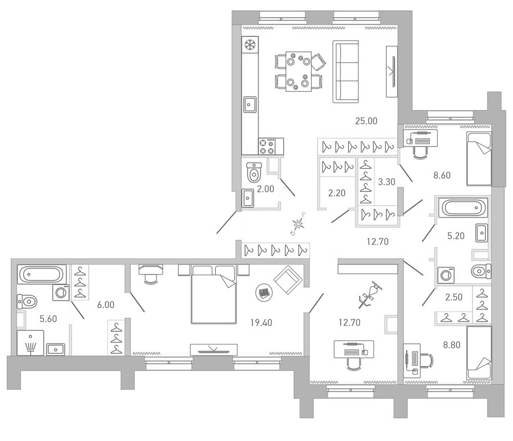 Планировка: 5Е-к.кв · 114 м²