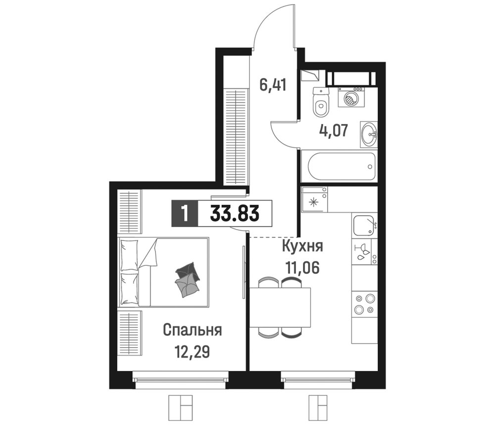 Планировка: 1 комната · 33,83 м²