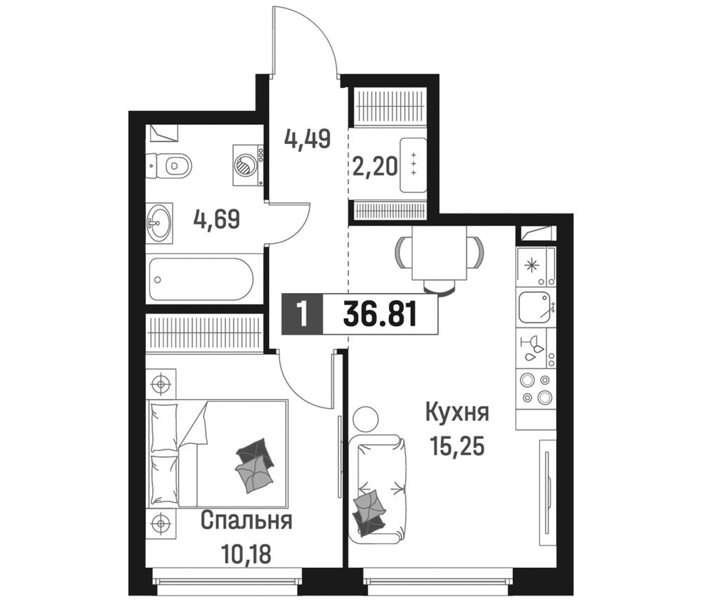 Планировка: 2Е-к.кв · 36,81 м²
