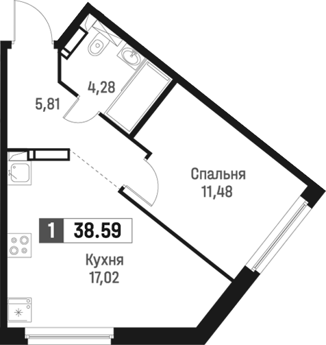 Планировка: 2Е-к.кв · 38,59 м²