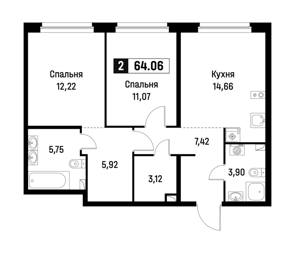 Планировка: 2 комнаты · 64,06 м²