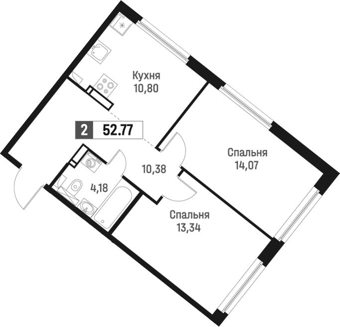 Планировка: 2 комнаты · 52,77 м²