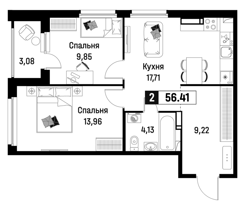 Планировка: 3Е-к.кв · 56,41 м²