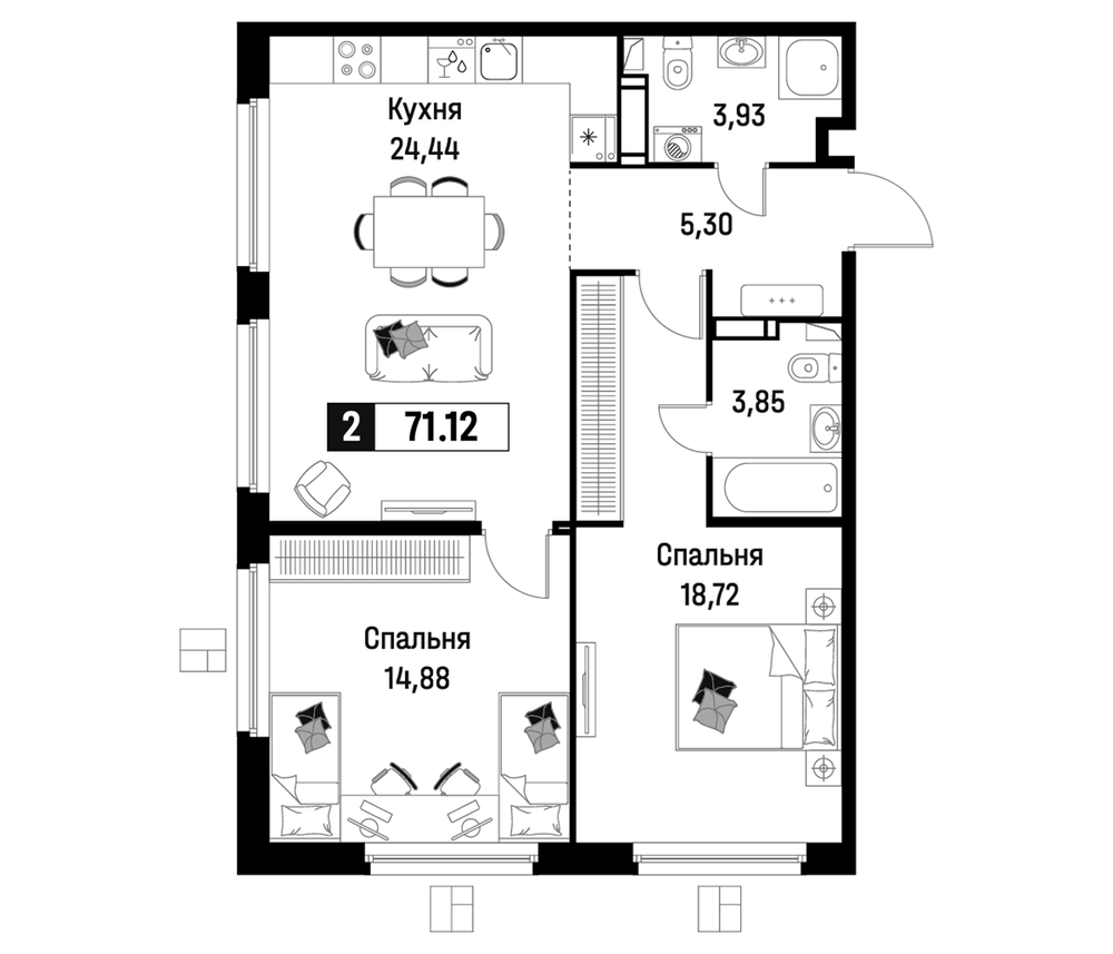 Планировка: 3Е-к.кв · 71,12 м²