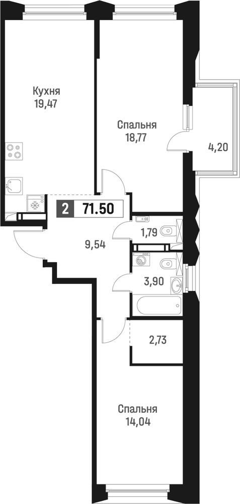 Планировка: 3Е-к.кв · 71,5 м²