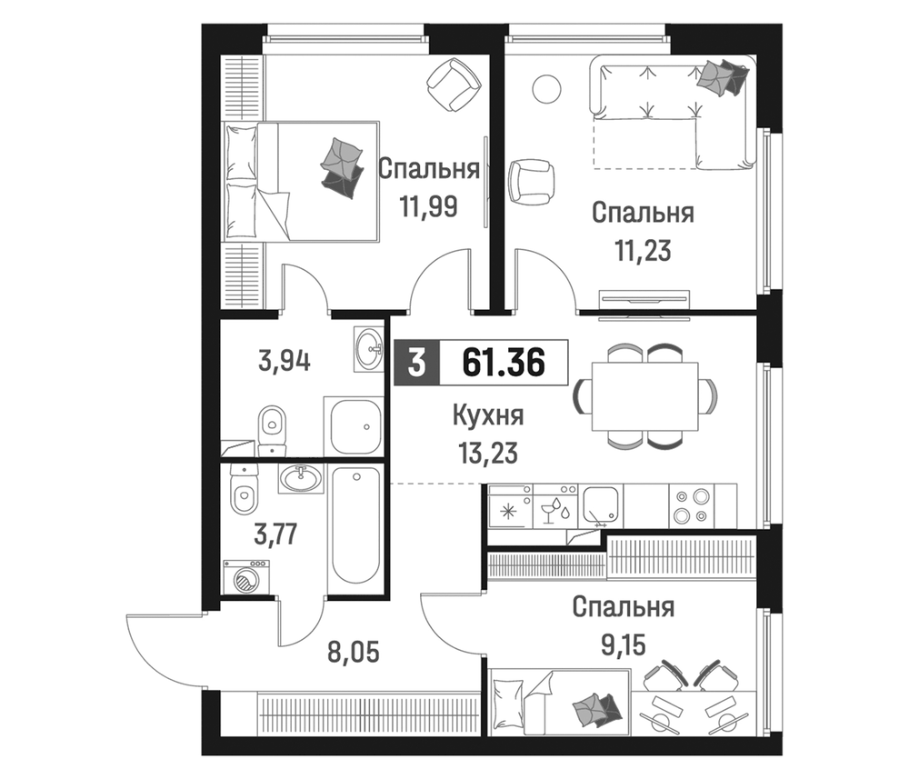 Планировка: 3 комнаты · 61,36 м²