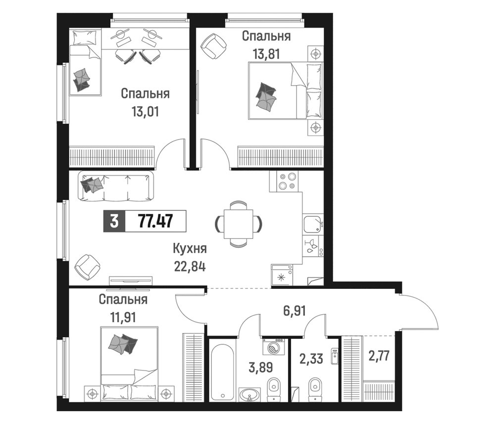 Планировка: 4Е-к.кв · 77,47 м²