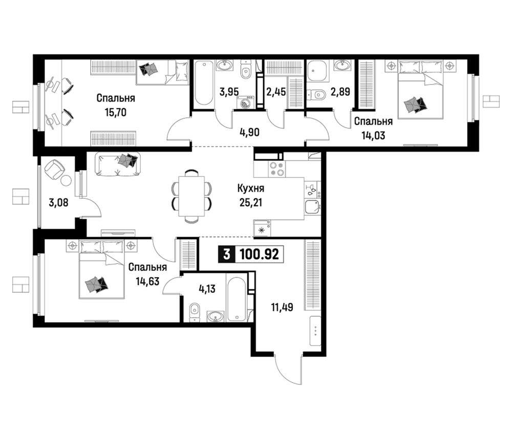 Планировка: 4Е-к.кв · 100,92 м²