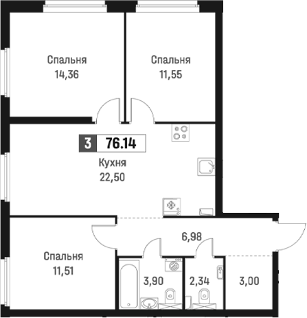 Планировка: 4Е-к.кв · 76,14 м²