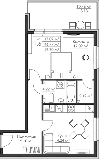 Планировка: 1 комната · 49,9 м²