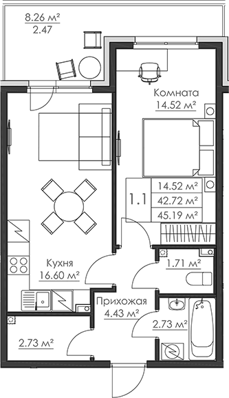 Планировка: 2Е-к.кв · 45,19 м²