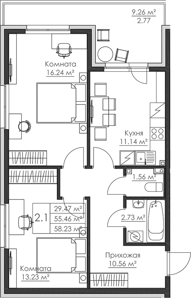 Планировка: 2 комнаты · 58,23 м²