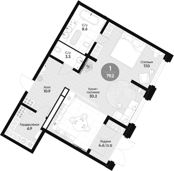 Планировка: 1 комната · 79,2 м²