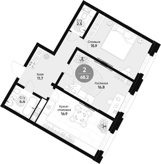 Планировка: 2 комнаты · 68,2 м²