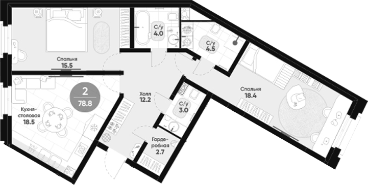 Планировка: 2 комнаты · 78,8 м²