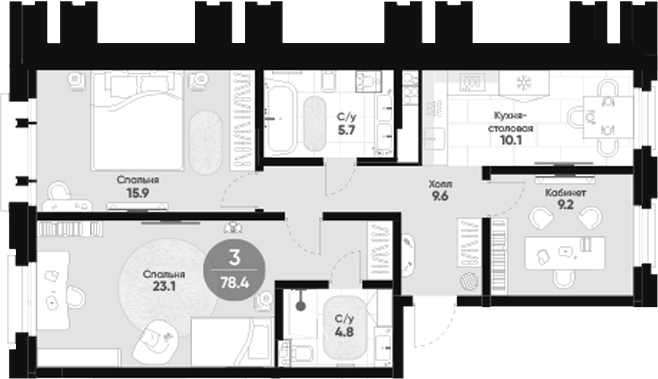 Планировка: 3 комнаты · 78,4 м²