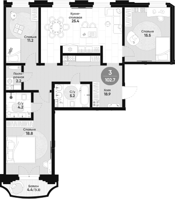 Планировка: 3 комнаты · 102,7 м²