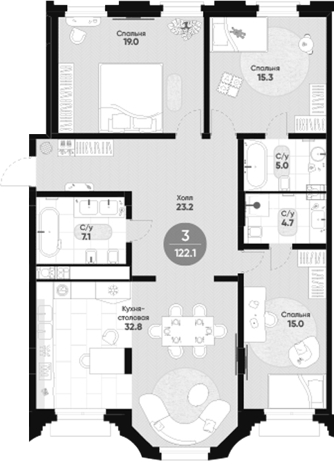 Планировка: 3 комнаты · 122,1 м²
