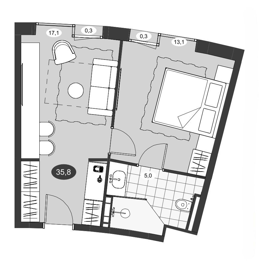 Планировка: 2Е-к.кв · 35,8 м²