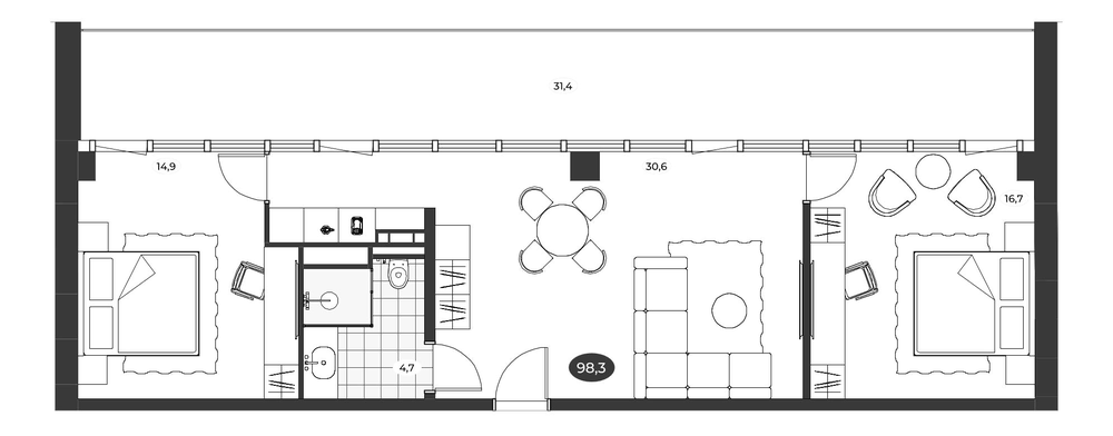 Планировка: 3Е-к.кв · 98,3 м²