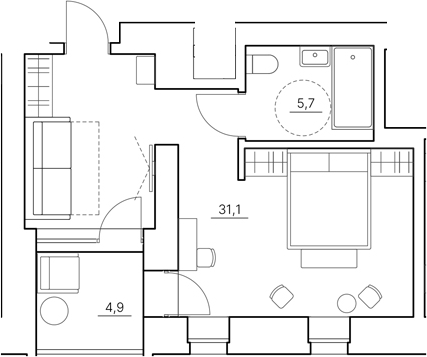 Планировка: 1 комната · 41,7 м²