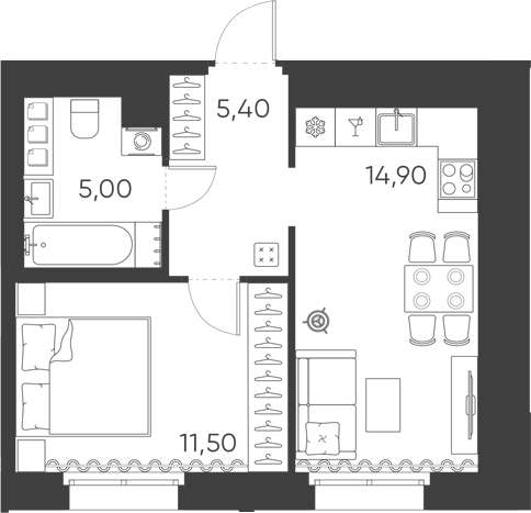 Планировка: 2Е-к.кв · 36,8 м²