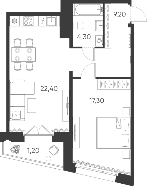 Планировка: 2Е-к.кв · 54,4 м²