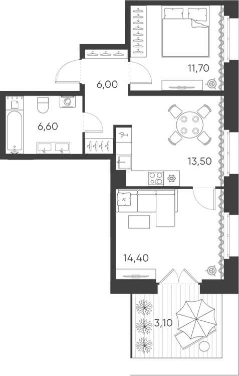 Планировка: 3Е-к.кв · 55,3 м²