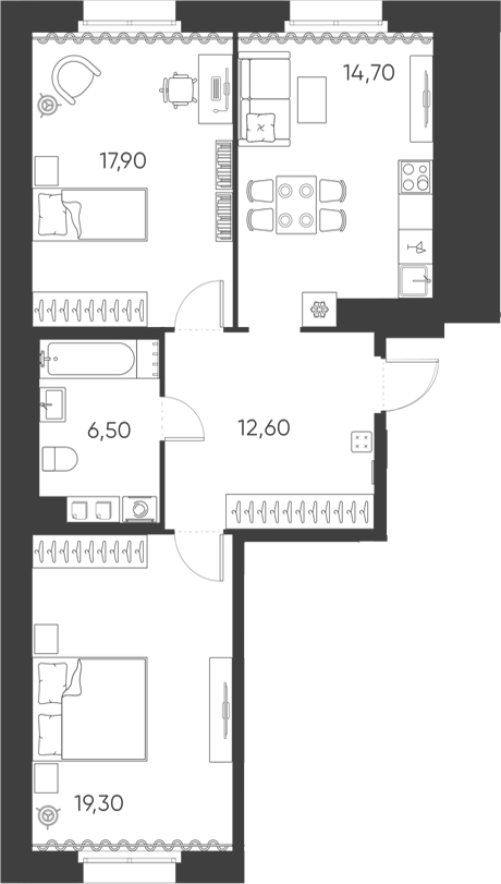 Планировка: 3Е-к.кв · 71 м²
